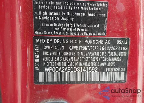 2013 Porsche 911 Carrera из США, поврежденный, VIN WP0CA2A91DS141592